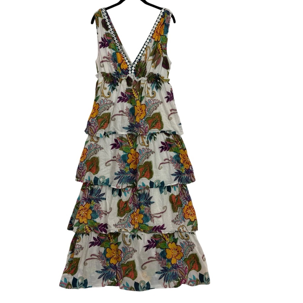 RAGA Dress Hibiscus Palms Cotton Peasant Floral Tiered V-neck Maxi‎ Size L - Picture 8 of 8